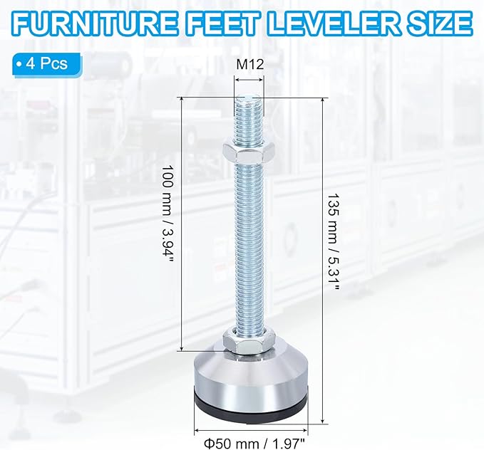 PATIKIL Furniture Leveling Feet 2" Dia Base M12 Thread, 4 Pcs Carbon Steel Adjustable Threaded Furniture Leveler Screw on Leg Leveler with Pads for Desk Chair Cabinet, Black