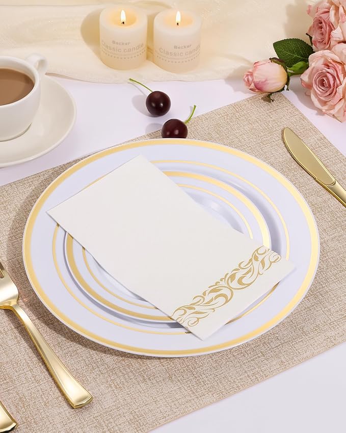 Goodluck 200 Pack 3-Ply Disposable Napkins - Soft & Absorbent Paper Hand Towels for Bathroom Guests, Dinner Party, Kitchen,Christmas， Wedding & Events, Parties - Floral Gold Trim