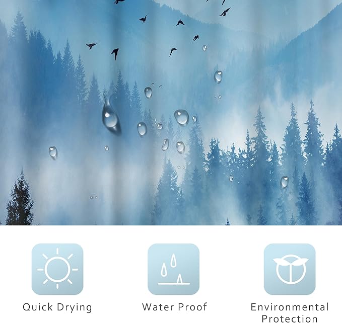 Riyidecor Stall Half Small Rv Shower Curtain 36Wx72H Inch Blue Mountain Single Stand Up Camper Camp Narrow Scenery Nature Woodland Pine Tree Bathroom Decor Fabric Polyester Waterproof 7 Pack Hooks