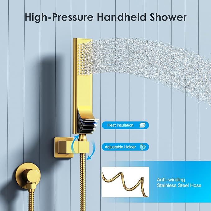 Shower System Shower Faucet Set with Push-Button Diverter and Wall Supply Elbow 12 Inch Shower Head Brushed Gold