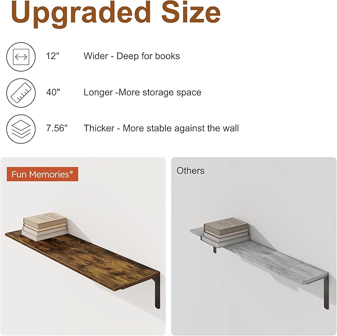 Floating Shelves 40"W x 12"D, Deep Wall Shelves with Brackets for Books, Plant, 12 Inch Deep Bathroom Shelf Set of 2, Large Floating Shelf for Living Room, Bedroom, Kitchen, Rustic Brown, Set of 2