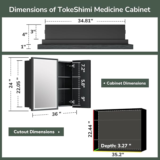 TokeShimi 36x24 Bathroom Mirror with Storage Beveled, Gold Recessed Medicine Cabinet with Mirror Aluminum, Surface Mounted Metal Medicine Cabinets for Bathroom Vanity Wall