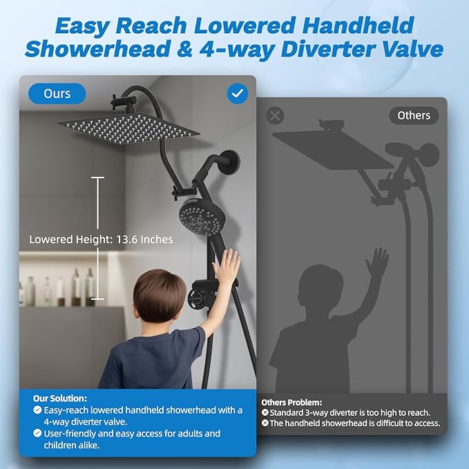 Hibbent cUPC Certified All Metal 10" Rainfall Showerhead Combo, High Pressure Shower Head with 10-Spray Mode Handheld, Innovative 4-way Diverter with Pause Mode, 71'' Shower Hose and Holder, Black