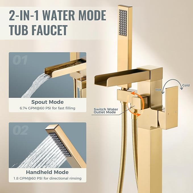 Freestanding Tub Faucet Brushed Gold: ALEASHA High Flow Max 6.74 GPM Free Standing Tub Filler - Brass Modern Floor Mount Bathtub Faucet with Handheld Shower, for the Ultimate Elegant SPA Experience