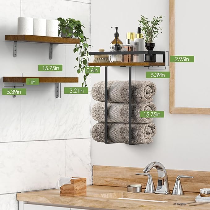 Towel Racks for Bathroom-Wall Mounted Floating Shelves for Wall Bathroom Bedroom Kitchen Living Room, Hanging Book Shelves Decor Bathroom Organizer, 16 inch Solid Wood, (Walnut-Like, Set of 3, 16in)