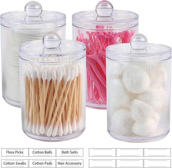 4 Pack Acrylic Qtip Holder Dispenser,Bathroom Canisters Apothecary Jar Set, Bathroom Organizers and Storage,10 oz with 1Gap