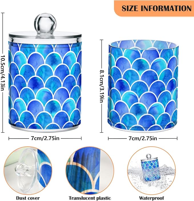 MNSRUU 2 Pack Qtip Holder Organizer Dispenser Blue Scales Of Mermaid Bathroom Storage Canister Cotton Ball Holder Bathroom Containers for Cotton Swabs/Pads/Floss