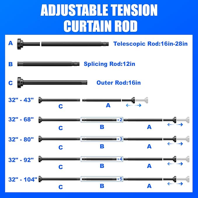 Ausemku Shower Curtain Rod - 32-92 Inch Rustproof Tension Rod, Non-Slip Spring Design, No Drilling Adjustable Curtain Rod for Bathroom, Kitchen, and Closet（Black）