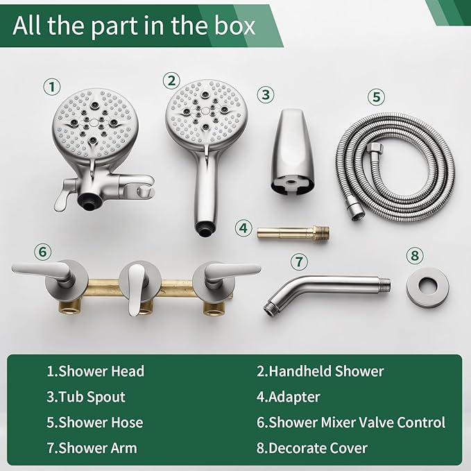 3 Handle Shower Faucet Set Shower System with Tub Spout Bathtub Faucet Set Shower Head Combo Set Complete Tub and Shower Faucet Combo Shower Fixtures Trim Kit Brushed Nickel