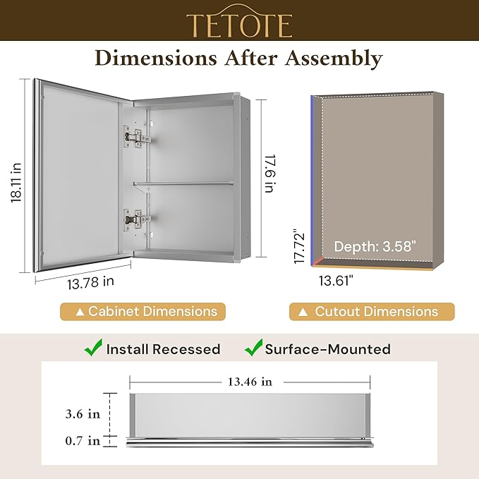 TETOTE 14 x 18 Medicine Cabinet with Tempered Beveled Mirror Silver Medicine Cabinet Mirror Aluminum Cabinet DTC Hinges, Stepless Adjustable Shelves, Recessed/Surface-Mounted