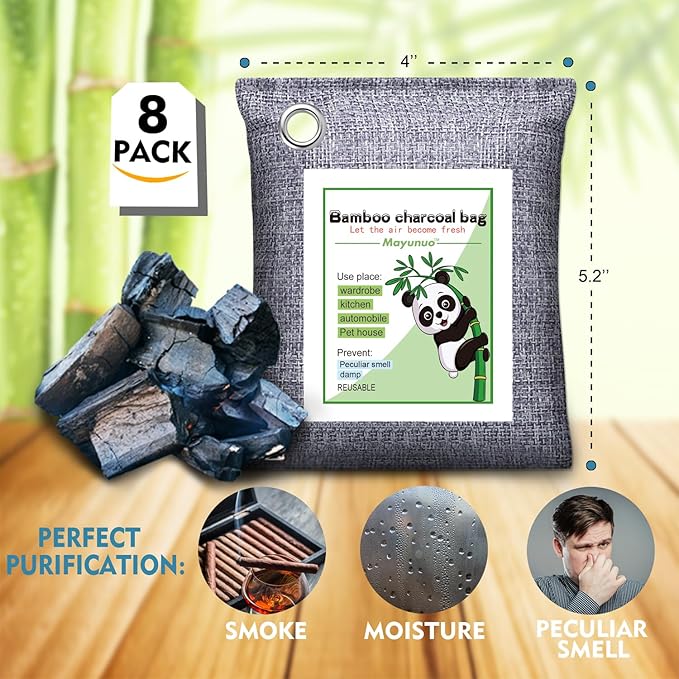Activated Charcoal Odor Absorber for Strong Odor, Basement, Cars, Closets, Shoes, Smoke. 8 Pack Bamboo Charcoal Air Purifying Bags Deodorizer Odor Eliminator for Home