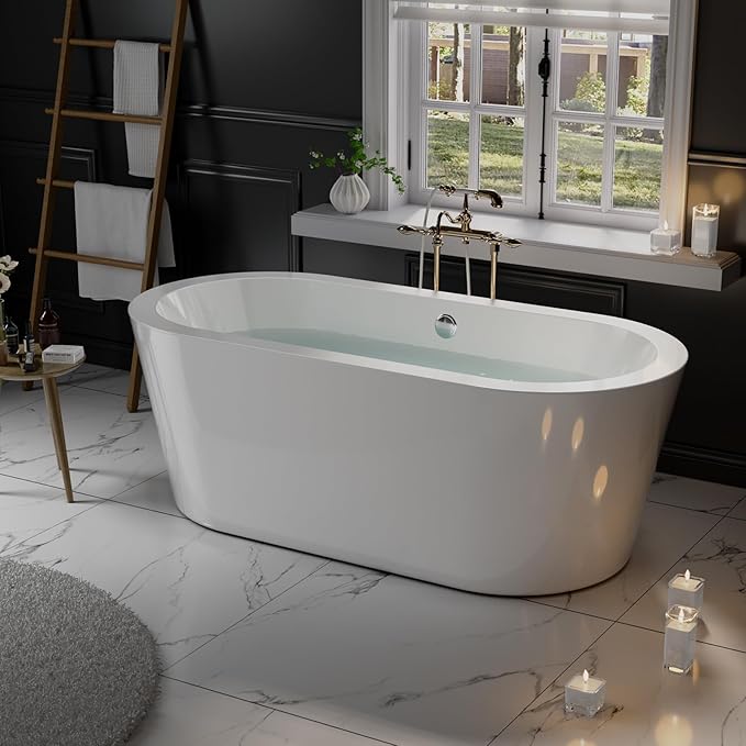 Empava 59"Freestanding Bathtub, Luxury Acrylic Soaking Tub with Drain and Overflow, Modern Stand Alone Design, Glossy White,cUPC Certified