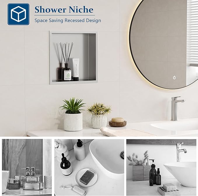 Neodrain Recessed Shower Niche, Bathroom Storage Cabinet Inner Size 12" X 12", Brushed Stainless Steel Bathroom Wall Niche Insert No Tile Needed for Shampoo