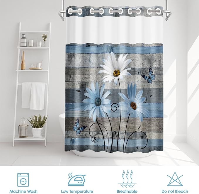 No Hook Blue Daisy and Butterfly Shower Curtain with Snap in Fabric Liner Set, Rustic Farmhouse Double Layers Waterproof Fabric with See Through Top Window Open Grommet Bath Curtain 71x74 Inch