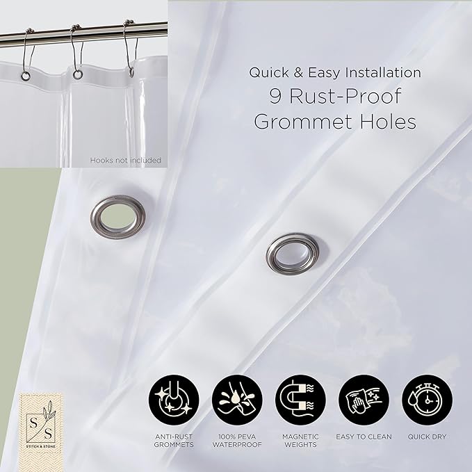 Stitch & Stone Shower Curtain Liner, Premium Medium Weight Durable Waterproof 6g PEVA for Bathroom with Weighted Magnets, Extra Long 54" x 78", Clear 1 Pack