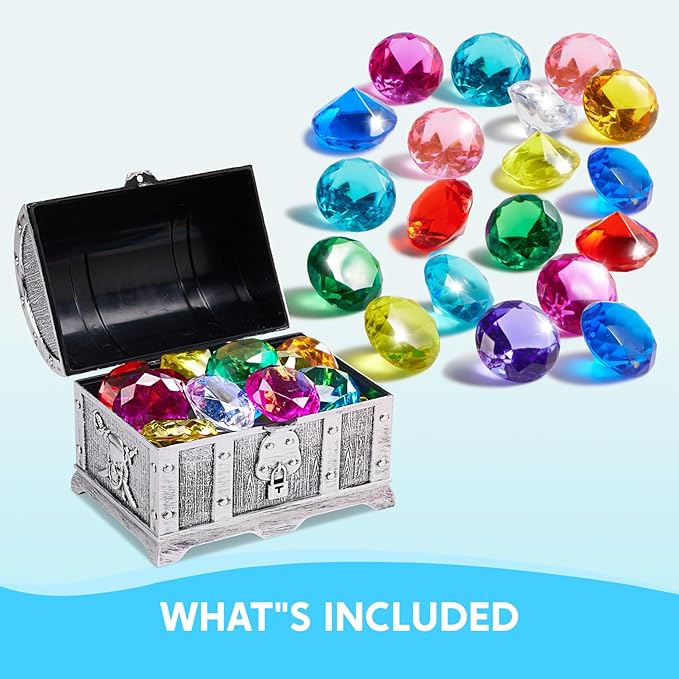 Sloosh Diving Gems Pool Toys,16 Big Colorful Diamond with Pirate Treasure Chest,Swim Dive Toy for Kids Underwater Gemstone Swimming Training Gift Water Toys Pool Games(Silver)