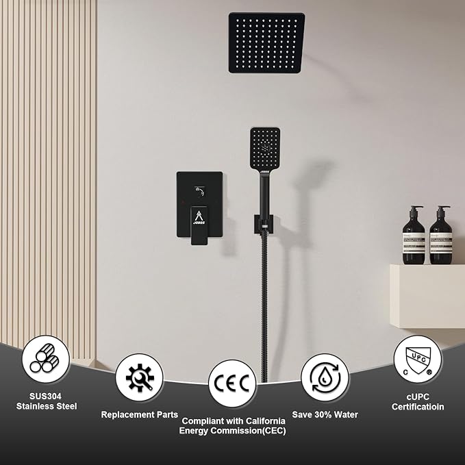 Shower System Modern Rain 8 inches Brass Faucet Set With Valve and Diverter Shower Mixer With Handheld High Pressure Square Rainfall Shower Valve (8'' Wall Mount, Matte Black)