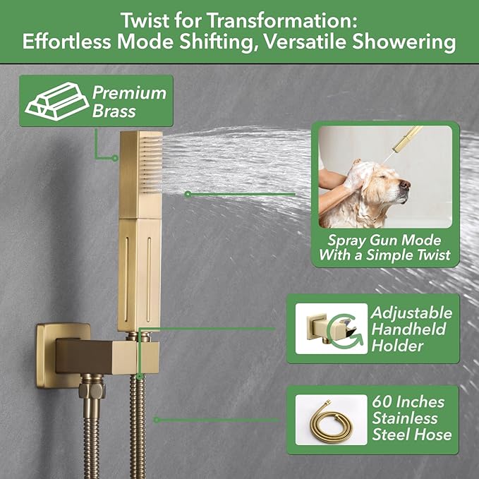 VANFOXLE Shower Faucet Set Brushed Gold Shower System,Shower Faucet with 2 in 1 Handheld,Ceiling Mount 16 Inch LED Shower Head+6 Inch Shower Head(Rough-in Valve Body and Trim)