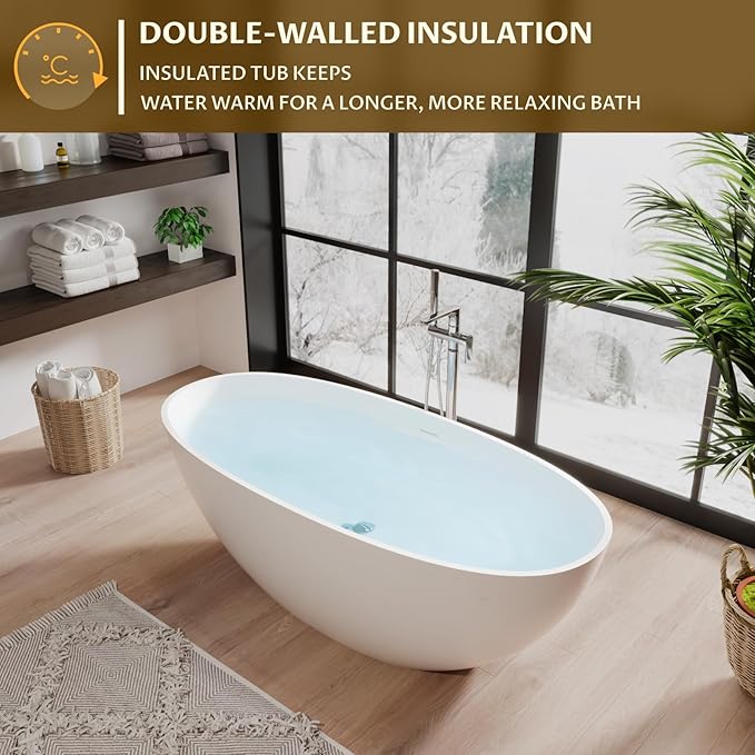 GarveeLife Freestanding Solid Surface Bathtub 65 Inch – Matte White Stone Stand Alone Soaking Tub with Ergonomic Curves, Deep Modern Bathtub for Luxury Main Bathroom