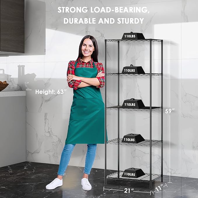 BNSPLY 5 Tier Wire Shelving Unit, Adjustable Wire Rack Shelving, Changeable Metal Wire Storage Shelves for Kitchen, Laundry, Bathroom, Balcony, Pantry (11.4" D x 21.3" W x 59" H, Black)
