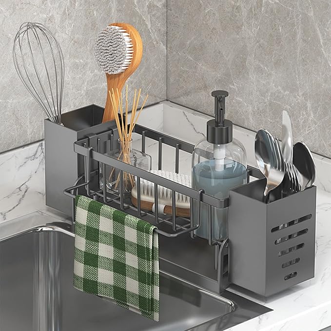 Kitchen Sink Caddy Organizer, Sponge Holder for Kitchen Sink with Drain Tray, 3 Compartments Utensil Drying Rack, Kitchen Utensils Holder with Towel Bar, Kitchen Countertop Organizers