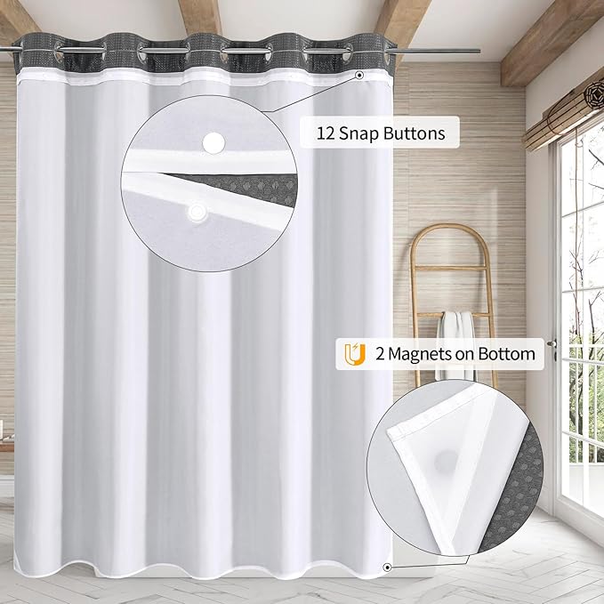 MitoVilla No Hooks Needed Grey Waffle Shower Curtain Liner Set, Modern Waffle Weave Heavy Duty Fabric Cloth Shower Curtain with Snap-in Liner for Luxury Neutral Hotel Spa Bathroom Decor