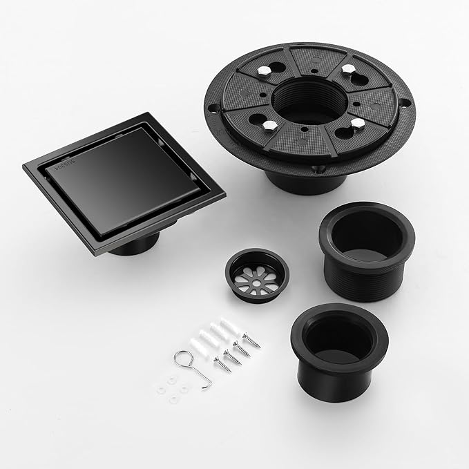 Hidden Brushed Square Shower Floor Drain, Black 4 inch, 304 Stainless Steel, with Flange, Detachable Cover Embedded in Ceramic Tiles
