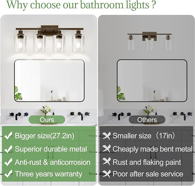 4-Light Bathroom Light Fixtures, Vanity Light with Clear Glass Shades, Oil-Rubbed Bronze Bathroom Light Fixtures Over Mirror, Modern Bathroom Wall Lamp for Mirror Living Room Cabinet Bedroom