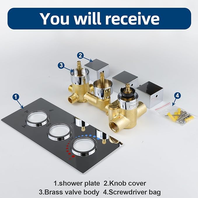 HOMEDEC Brass 3 Way Shower Diverter Valve, Thermostatic 3 Handle Control Shower Mixing Valve Trim Kit Replacement, Rough In, Chrome