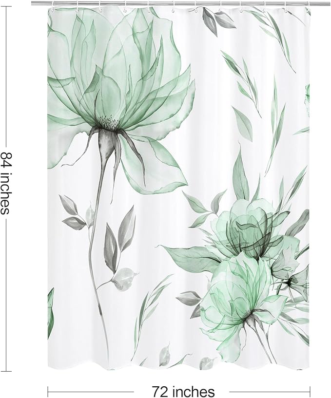 Extra Long Boho Watercolor Floral Shower Curtain 72 x 84, Green and Grey Ink Painting Style Flower Shower Curtains for Chic Elegant Bathroom, Artistic XL Fabric Cloth Shower Curtain