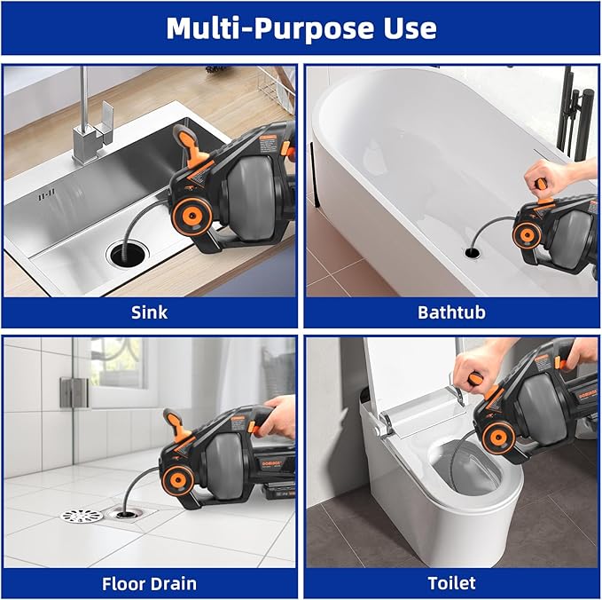 DOMINOX Electric Drain Snake with 2.0Ah Battery and 25FT Plumbing Snakes, Drain Snake Clog Remover for Unclogging Toilet, Sewer, Bathroom, Sink Drain Pipes