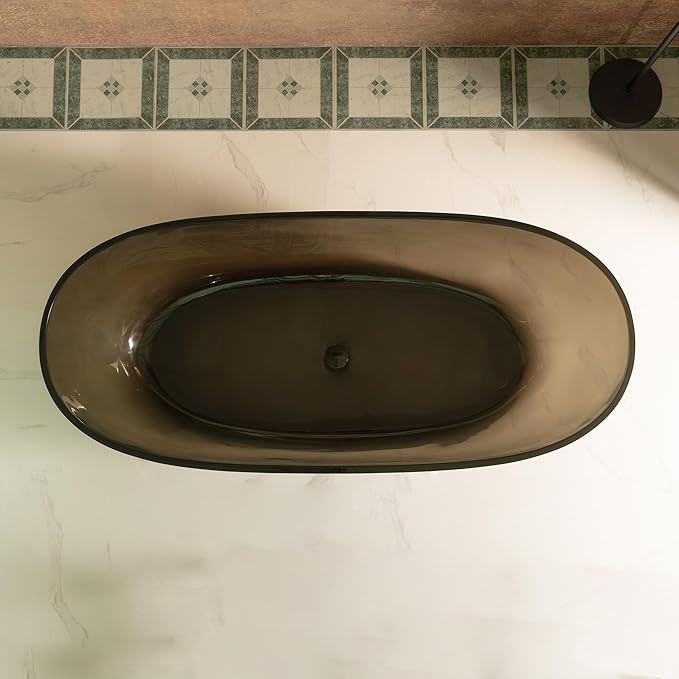 WOODBRIDGE 63" L x 28-3/8" W Transparent Gray Stone Resin Freestanding Soaking Tub with Double Ended Design