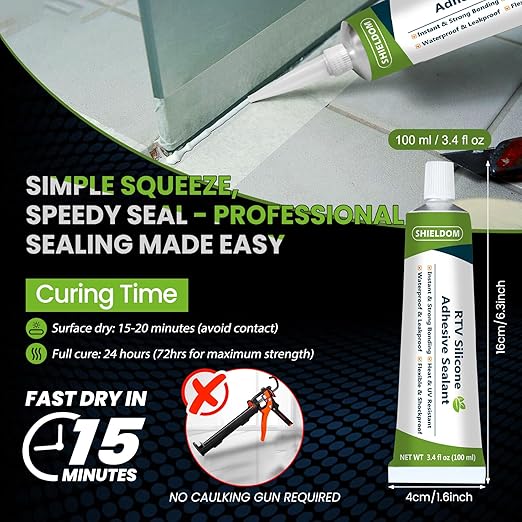 RTV Silicone Adhesive Sealant 100% Silicone Sealer All-Purpose Caulk Waterproof Stronger Adhesion, Shrink & Crack Proof Caulking for Car, Kitchen, Window, Bathroom, Door (White, 3.4 Fl. Oz.)