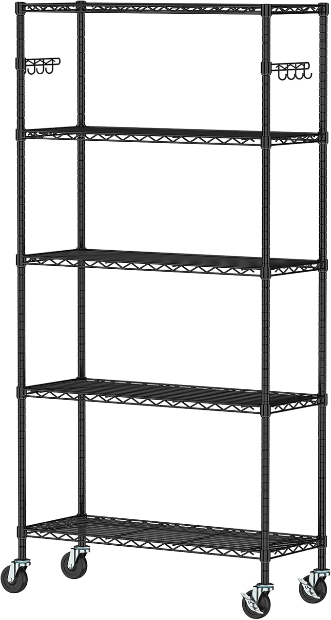 5 Tier Storage Shelves with Wheels Wire Rolling Garage Shelving Rack Organizer Heavy Duty Metal Unit Adjustable Utility Commercial Sturdy Shelves for Kitchen Garage Pantry Bathroom Closet Laundry