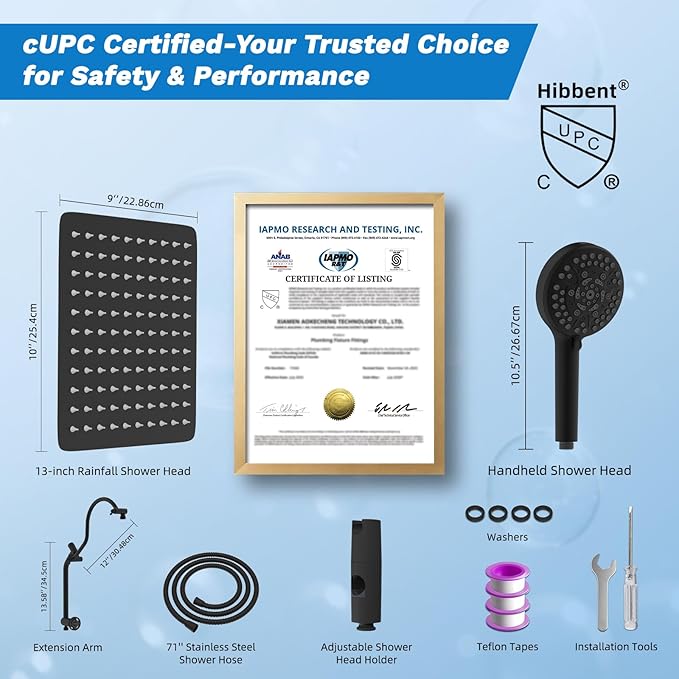 Hibbent cUPC Certified All Metal 10" Rainfall Showerhead Combo, High Pressure Shower Head with 10-Spray Mode Handheld, Innovative 4-way Diverter with Pause Mode, 71'' Shower Hose and Holder, Black
