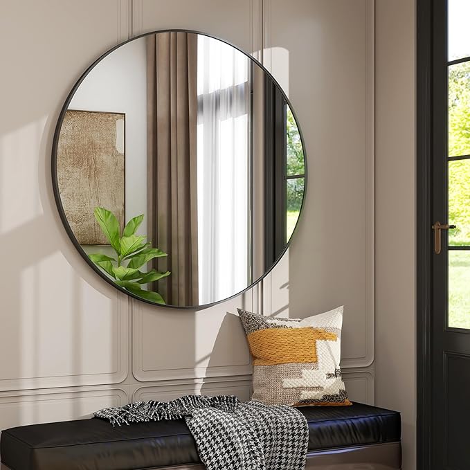 32 Inch Round Bathroom Mirror - Black Wall Mounted Circle Mirror with Metal Frame, Modern Round Hanging Mirror Suitable for Bathroom, Vanity, Entryway, Living Room