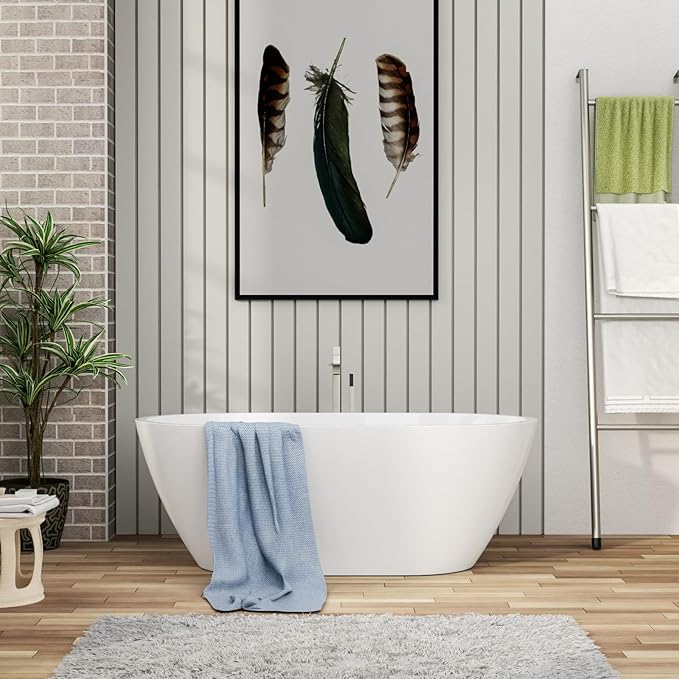 59" Acrylic Freestanding Bathtub - Mocoloo White Oval Shape Soaking Bath Tub with Stainless Drain and Overflow Assembly for Classic Modern Bathrooms
