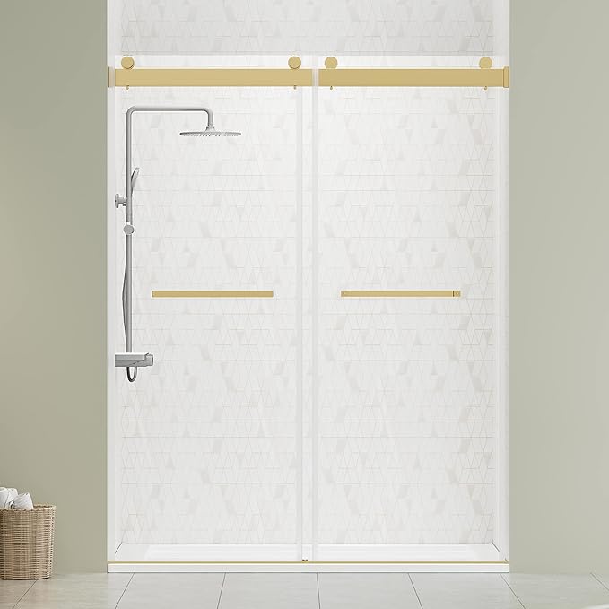 DELAVIN 56"-60" W x 75" H Frameless Shower Door, Double Sliding Shower Door, Glass Shower Door with 5/16" (8mm) Clear SGCC Tempered Glass, Explosion-Proof Film, Stainless Steel Hardware, Gold