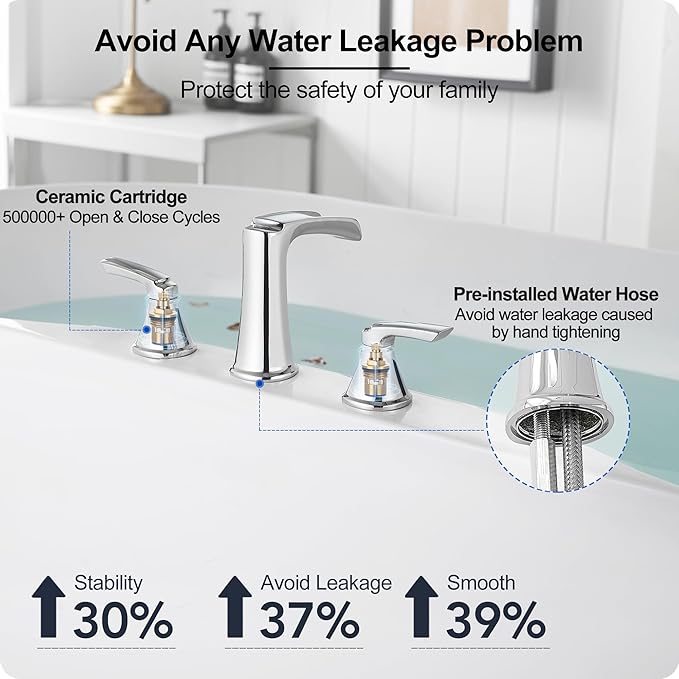 Widespread Waterfall Bathtub Faucet Set, Brass Chrome Roman Tub Faucet 3 Hole 8 Inch, 2 Handle Deck Mount with Supply Water Hoses for Garden Tub, Lifetime Use & 20 Mins Easy to Install