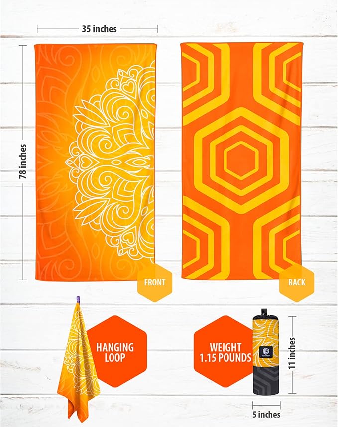 VENTURE 4TH Microfiber Beach Towel: Quick-Dry, Compact, Sand-Free, Absorbent, Sandproof and Lightweight - Perfect for Camping, Beach, and Roadtrips (Orange Mandala Design | 35x78 inches)