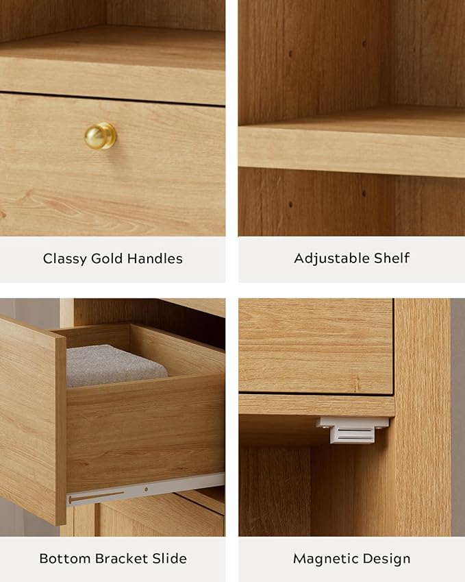 67" Tall Arched Bathroom Narrow Storage Cabinets Set of 2 with Adjustable Shelf, Farmhouse Freestanding Tower Cabinet with Door and Drawer for Kitchen, Living Room, Natural Oak