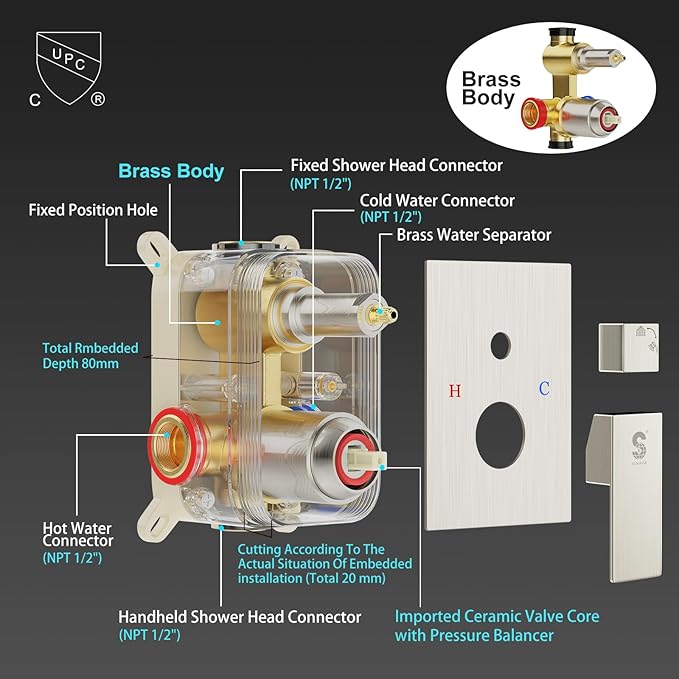 SR SUN RISE 12 Inch Square Shower System, Rain Shower Head and Slide Bar Handheld Shower Faucet Wall Mounted Combo Set Included Valve and Trim Kit for Bathroom, Brushed Nickel