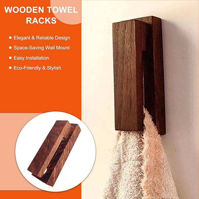 2Pcs Wooden Towel Racks for Bathroom, Wall Mounted Wooden Towel Hooks for Bathroom Kitchen Home Decoration Easy to Install Black Walnut