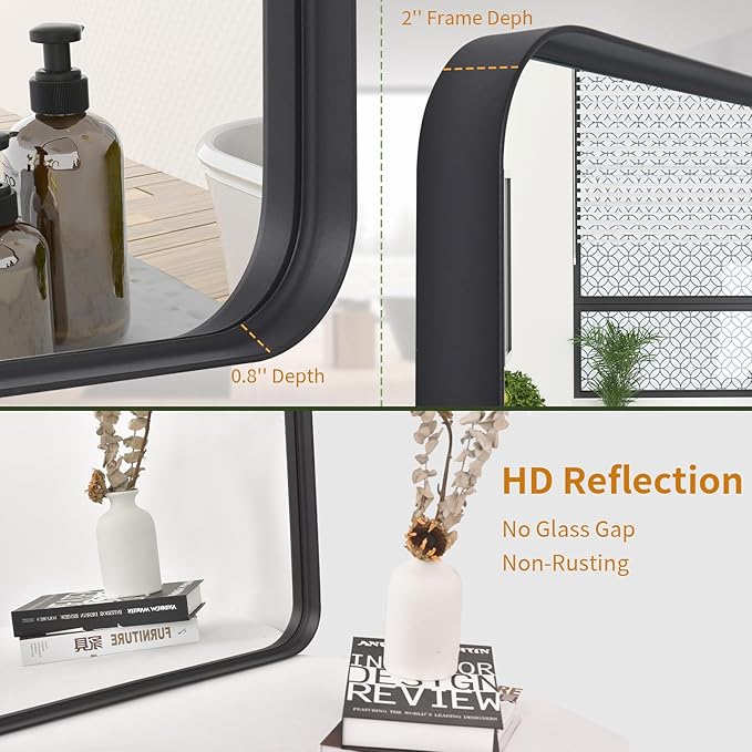 VooBang Bathroom Mirror 24x36 inch, Black Gorgeous Deep Frame Wall Mirror, Modern Round Corner Bathroom Vanity Mirror for Bedroom, Living Room, Hanging or Leaning Horizontal or Vertical, Black