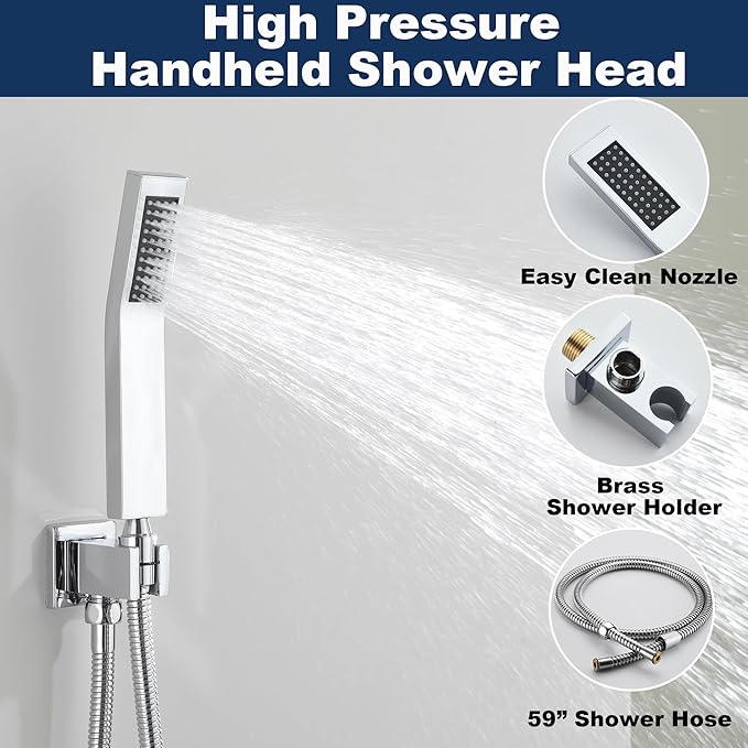 Shower System with Tub Spout, All Metal Bathtub Shower Faucet Set with High Pressure 10 Inch Rain Shower Head and Handheld Shower Head Set, Chrome (Valve Include)