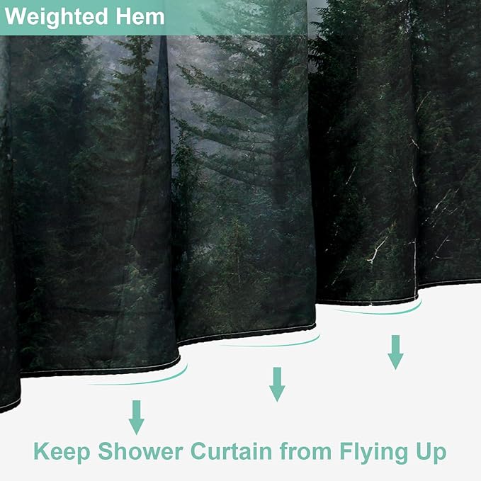 ORTIGIA 84 Inch Long Dark Green Misty Forest Shower Curtain for Bathroom, Nature Woodland Shower Curtain Set with Metal Hooks, Decorative Pine Tree Fog Magic Bath Curtain, Weighted, 72x84