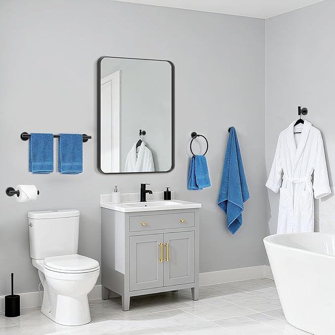 Matte Black Bathroom Accessories, Bathroom Hardware Set, SUS304 Stainless Steel Bathroom Towel Bar Set with 24 Inch Towel Holder, 2 Towel Hooks, Toilet Paper Holder, Towel Ring