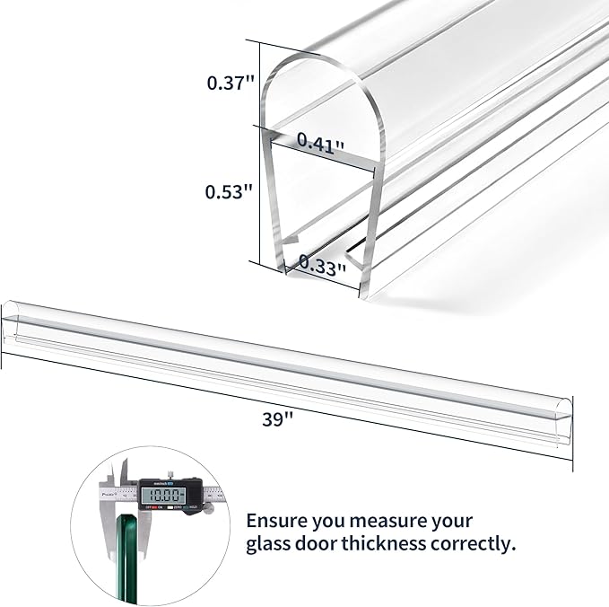 4PCS 39" Glass Shower Door Seal Strip, Shower Door Side Seal Strip for 3/8" (10mm) Frameless Glass, Ultra-Clear PVC Waterproof Door Bottom Seal, Easy to Install, No Adhesive Needed