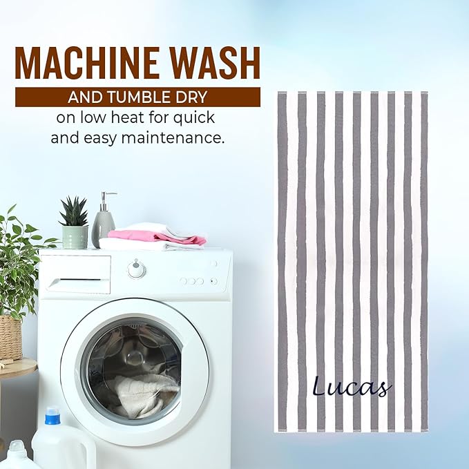 Personalized Passion Beach Towels for Adults - Custom Pool Towels with Name - Highly Absorbent Cotton - Striped Design for Women & Men - Large 70x30 Bath Sheet for Hotel, Swim & Camping - Grey
