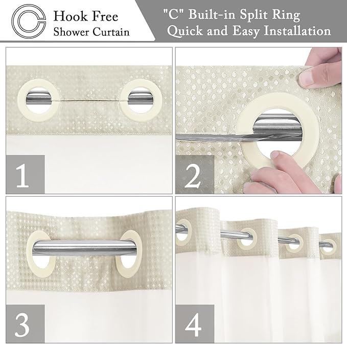 Gibelle No Hook Waffle Weave Shower Curtain with Snap-in Fabric Liner Set for Bathroom, Hotel Style with Mesh Top Window, Waterproof & Washable, Ivory, 72x74